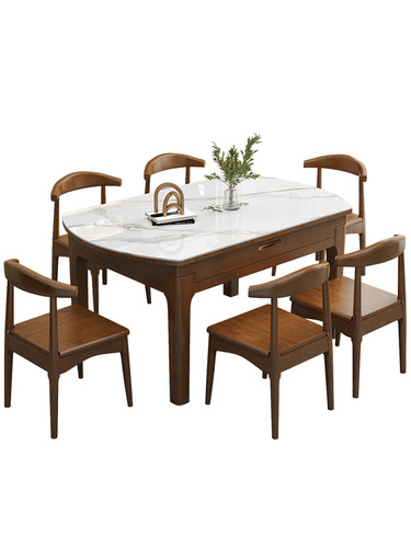 A solid wood and stone-top dining table for home use, small apartment, convertible round and square table with an electric stove, and adjustable extension table