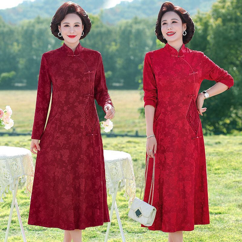 Mother Dress 2024 Spring and Autumn New Style Elegant Modified Cheongsam Dress Western Style Long Sleeve Middle-aged and Elderly Slimming Mid-length Dress
