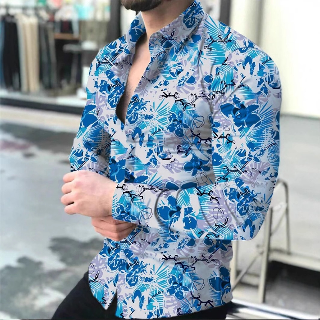 Moda todo fósforo color sólido tinta flor impresión digital 3D hombres primavera y otoño suelta camisa de botón de solapa de manga larga