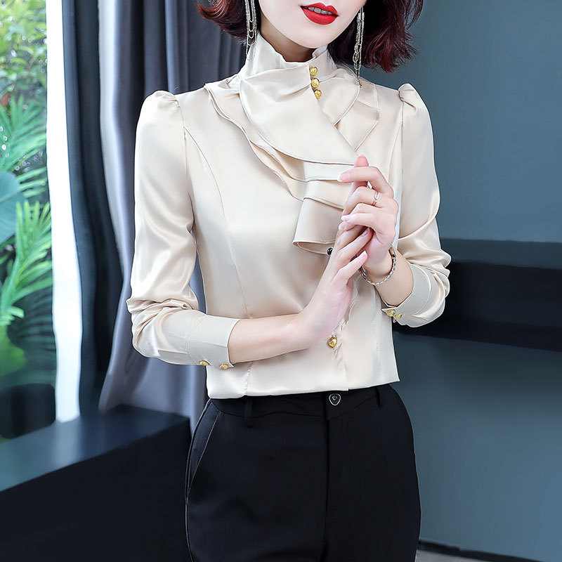 경량 럭셔리 프릴 쉬폰 셔츠 긴팔 궁전 스타일 봄 가을 단색 한국 스타일 카디건 우아한 출근용 스탠드 칼라 여성 상의