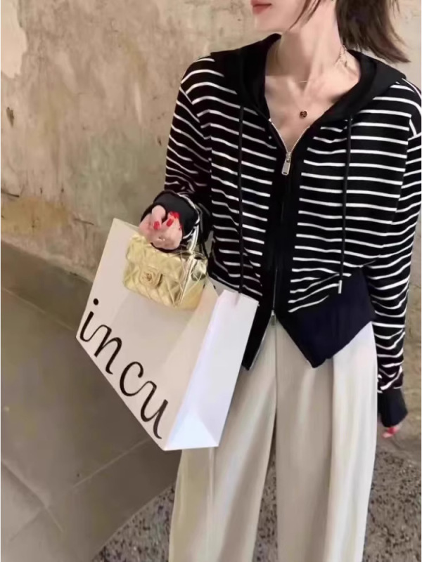 爆款连帽针织开衫女年秋季条纹短款黑白撞色卫衣内搭上衣外套|undefined