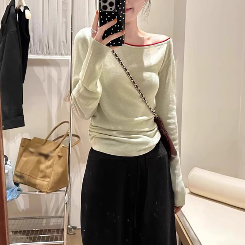 小个子黑色斜肩一字领长袖t恤女春秋季独特超好看单穿打底衫上衣|undefined