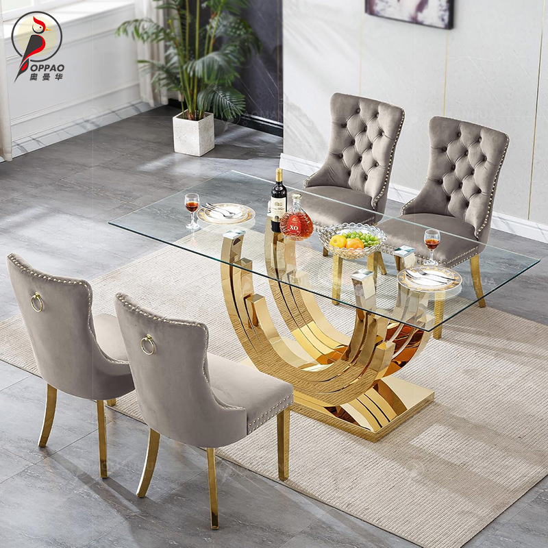 Light Luxury Dining Table Rectangular Large Dining Table Tempered Glass Modern Simple Home Villa Dining Table and Chair Combination Marble
