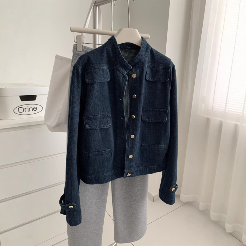 Trendy Retro Chanel-Style Denim Jacket for Women, Washed Cobalt Blue with Gold Buttons, Stand Collar, Short Cardigan for Petite Figures, Spring Season Trendy Retro Chanel-Style Denim Jacket for Women, Washed Cobalt Blue with Gold Buttons, Stand Collar, Short Cardigan for Petite Figures, Spring Season