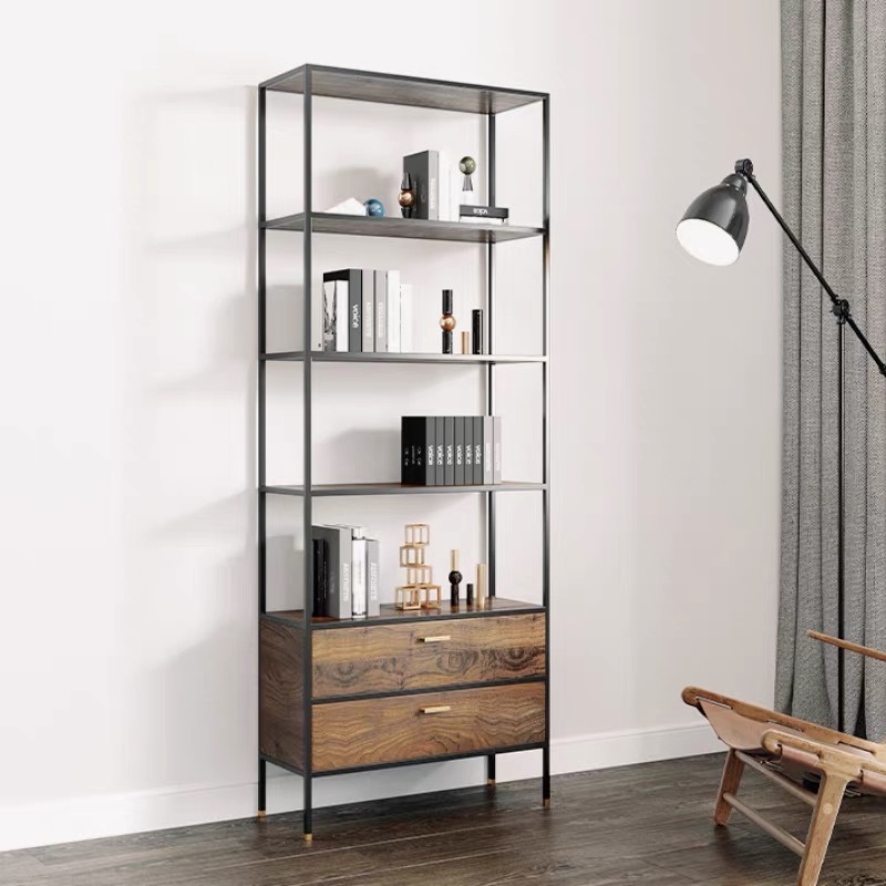 Industrial Style Iron Solid Wood Bookshelf Floor-Standing Storage Rack Living Room Storage Cabinet Home Bookcase Display Cabinet Display Rack