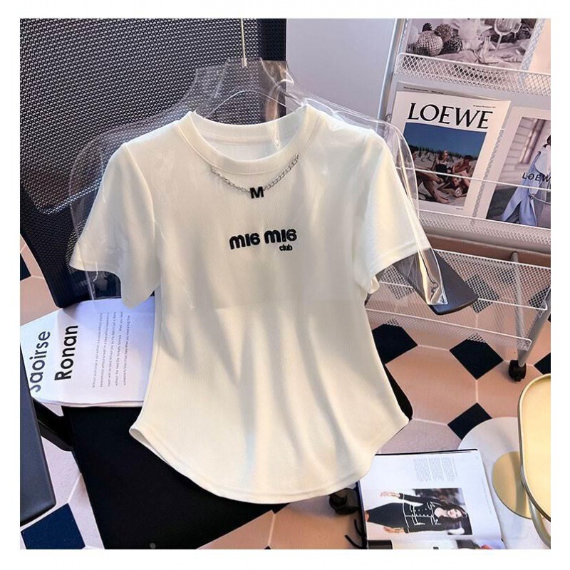 Irregular Curved Hem Short-Sleeved T-Shirt for Women Summer 2025 New European Style Foreign Style Embroidered Slim Short Top