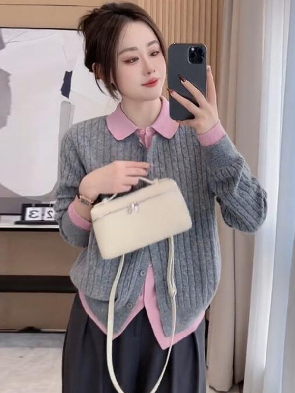 欧货翻领拼接针织毛衣女秋2025新款宽松软糯假两件长袖开衫上衣|undefined