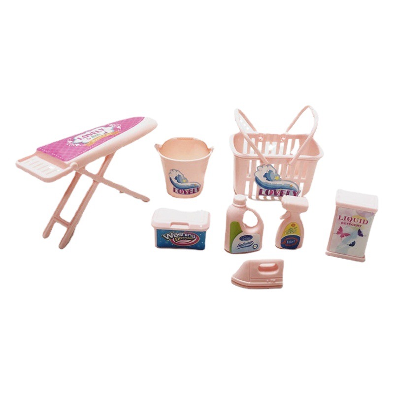 8-Piece Set of Children's Plastic Laundry Tools Miniature Toys Mini Iron Laundry Detergent Bucket Model Pretend Play Set