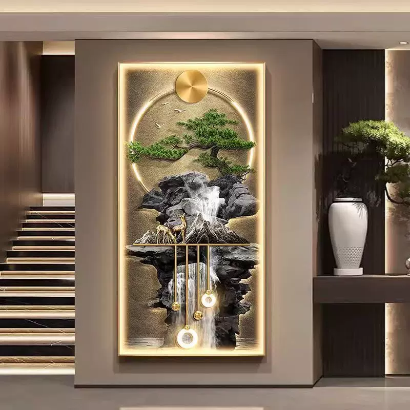 现代轻奢流水生财走廊玄关装饰画迎客松正对门入户带灯发光壁画灯