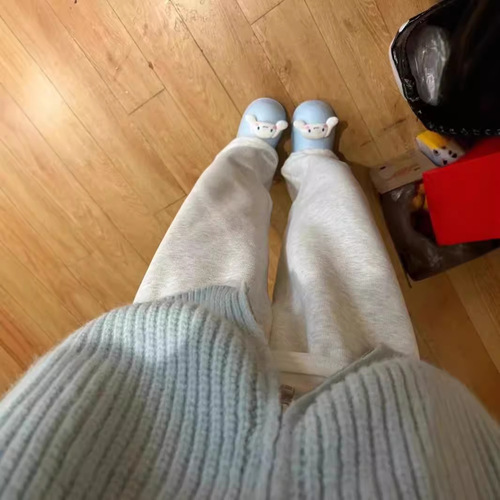 White flower gray sweatpants for men and women, spring and autumn new American retro trendy brand loose drapey wide-leg pants straight-leg sports pants