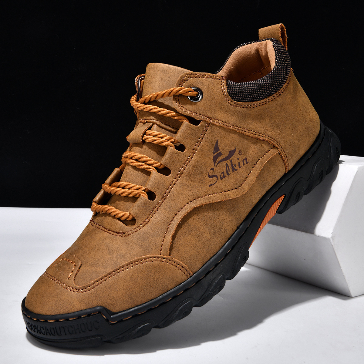 Scarpe da uomo in pelle taglie forti, stivaletti alla caviglia alla moda cuciti a mano, comodi stivaletti casual con suola piatta e lacci._voghion.com