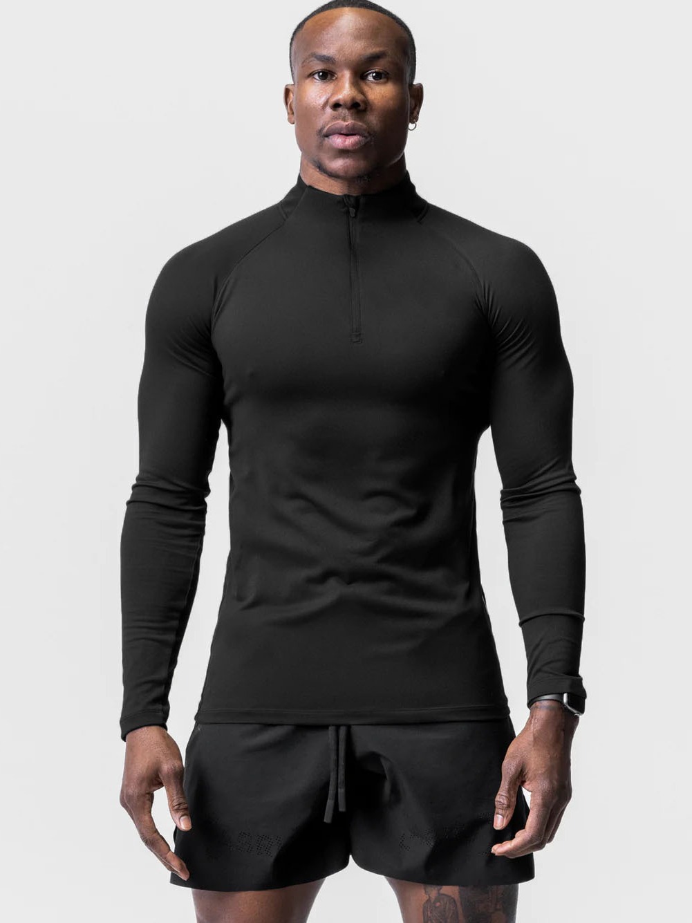 Transfronterizo europeo americano deportivo fitness corset hombre secado rápido medio cremallera ejercicio de color sólido alta compresión elástica camisa de manga larga
