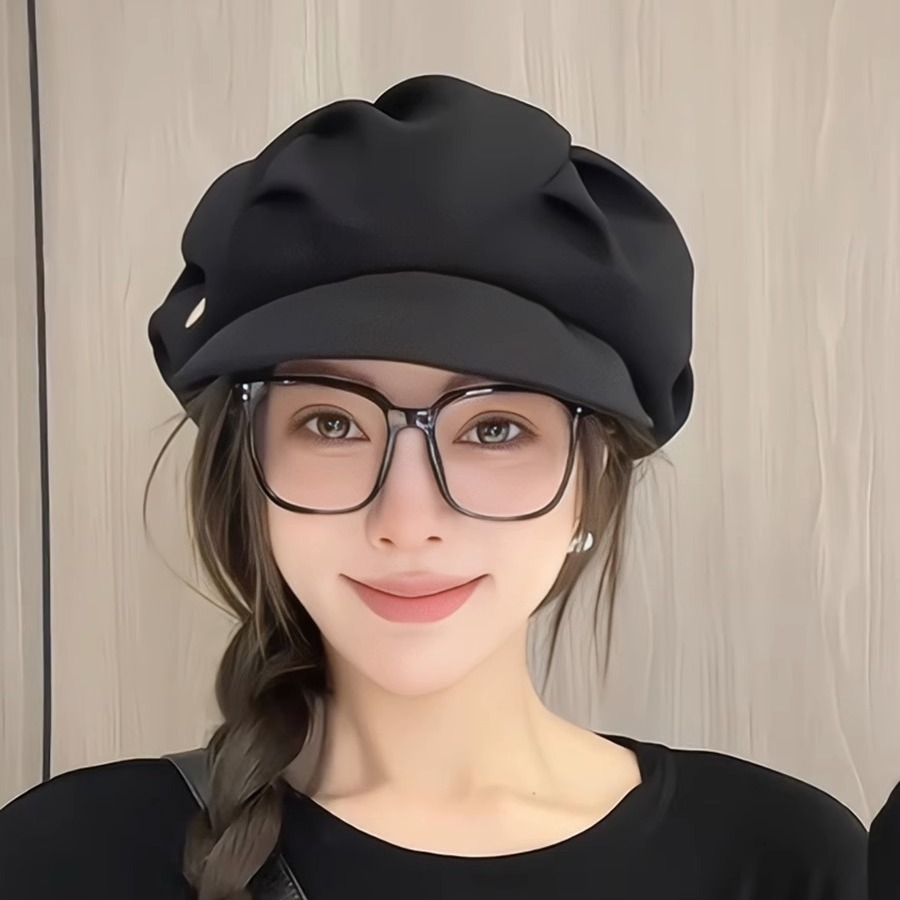 Pleated Cloud For Women 2024 Korean Style Octagonal Hat Large Head Circumference Face Slimming Fashionable Unique Beret_voghion.com