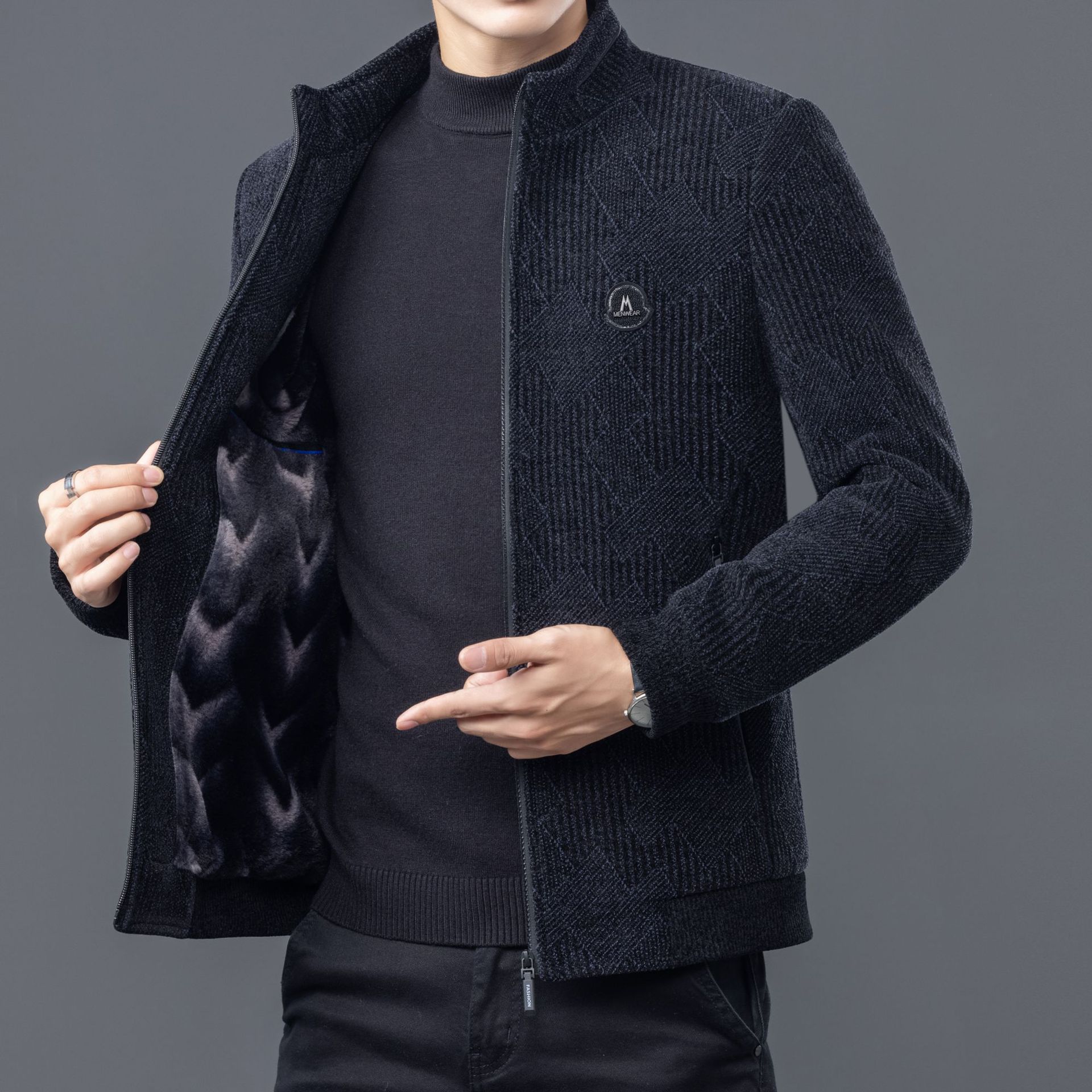 秋冬季毛呢外套男装短款加厚立领中年爸爸男士呢子大衣夹克可批发|ru