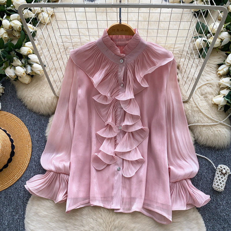 French-style Commuting Breathable Ruffle-Trim Shirt for Women, Spring Long-Sleeve Loose Slimming Stylish Red Top French-style Commuting Breathable Ruffle-Trim Shirt for Women, Spring Long-Sleeve Loose Slimming Stylish Red Top