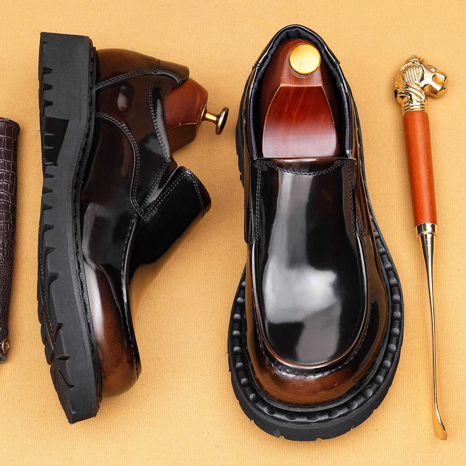 Thick-Soled Loafers for Men 2025 New Style Genuine Leather British Glossy One-Leg Formal Large-Toe Business Casual Leather Shoes