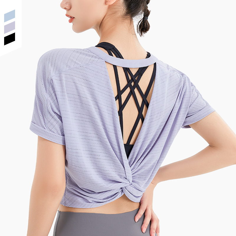 Hollow Beautiful Back Short-Sleeved Women's Yoga Fitness Wear Training Blouse Breathable Quick-Drying T-Shirt Loose Running Sports Top
