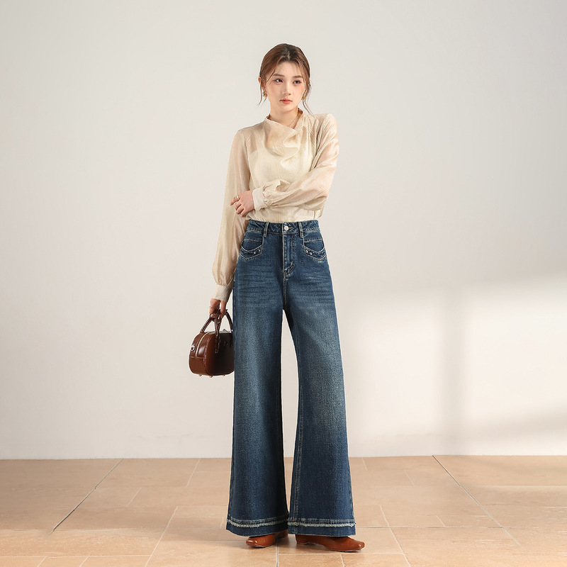 Shenzhen Nanyou Vintage Blue High-Waisted Slightly Stretchy Denim Flared Pants Slimming Horseshoe Trousers 2026 Autumn Source Factory Shenzhen Nanyou Vintage Blue High-Waisted Slightly Stretchy Denim Flared Pants Slimming Horseshoe Trousers 2026 Autumn Source Factory
