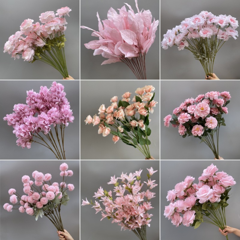 粉色系仿真花婚庆玫瑰洋牡丹装饰花材婚礼堂舞台背景布置插花叶子