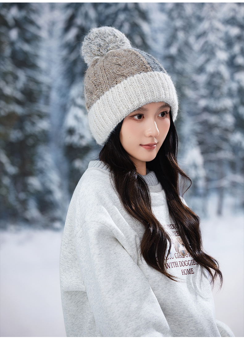 Fashion Versatile Color Block Pom Knitted Autumn Winter Outdoor Fleece Lined Thickened Warm Artistic Retro Pullover Hat_voghion.com