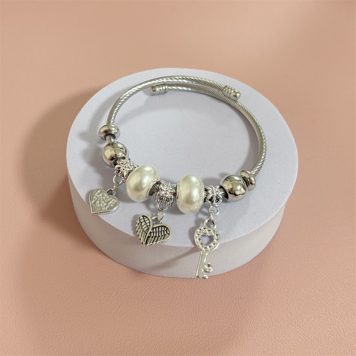 Pandora Style Charm Bracelet With Wing Heart And Key Pendants_voghion.com