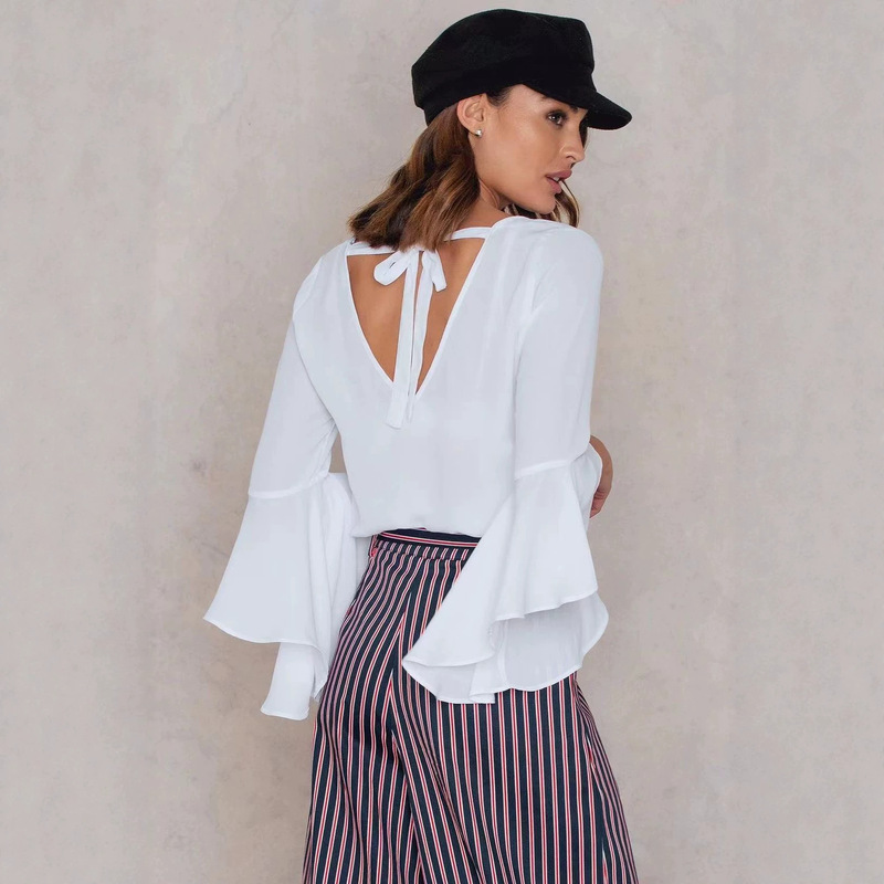 Foreign Trade Summer New Trumpet Sleeve Pullover Solid Color Chiffon European and American Loose V-neck Chiffon Shirt Strap Backless Shirt Foreign Trade Summer New Trumpet Sleeve Pullover Solid Color Chiffon European and American Loose V-neck Chiffon Shirt Strap Backless Shirt