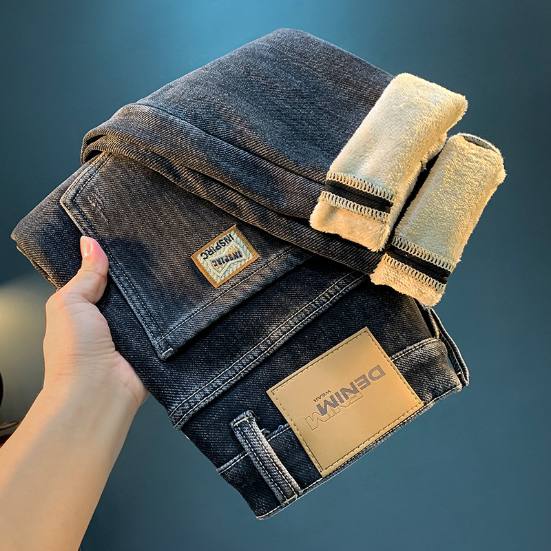 冬季法兰绒牛仔裤男厚款保暖柔软休闲宽松长裤加绒加厚小直筒男裤