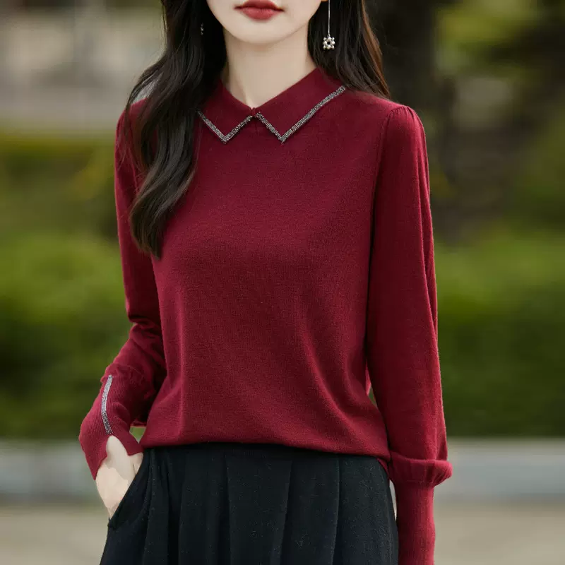 春秋新款Polo领针织衫女士翻领烫钻宽松套头毛衣气质显瘦打底上衣
