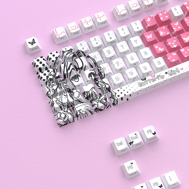 In-Stock Wholesale Side-Engraved Peach Heart Butterfly Girl - White/Black Sublimation Keycaps DIY Original Height 129 Keys