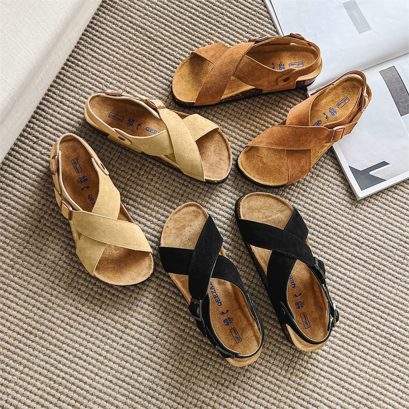 [3502] Летние новые мужские и женские бэккенские пляжные туфли на пробке на открытом воздухе с плоским дном, дикие римские сандалии