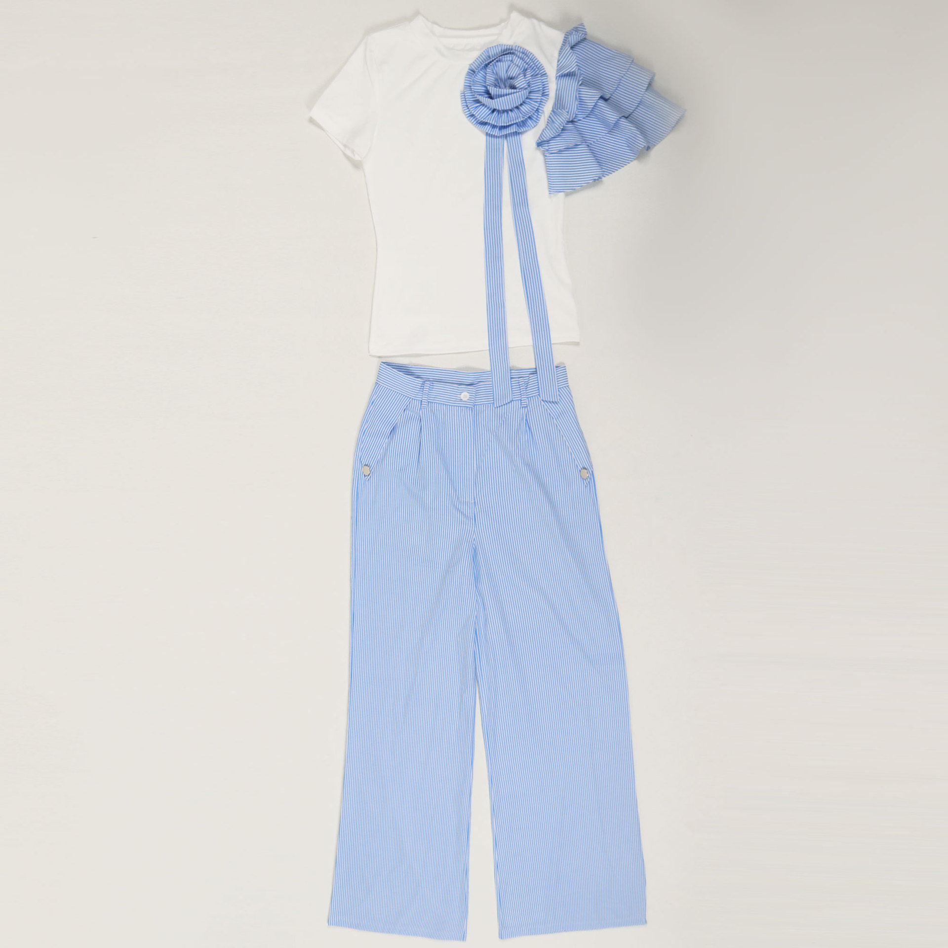 Round Neck Short Sleeve Striped Contrast Color Wide Leg Pants Two Piece Sets