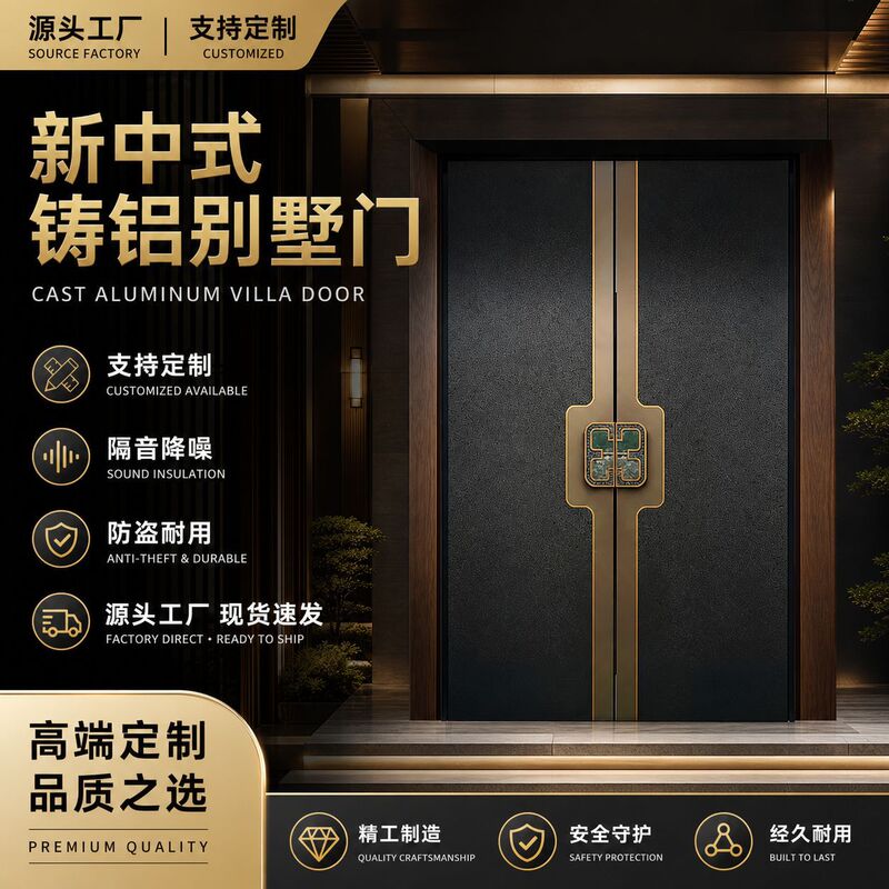 Double-Door Cast Aluminum New Chinese-Style Villa Courtyard Sliding Handle Door in Vintage Copper Color, Light Luxury High-End Custom Anti-Theft Soundproof Door