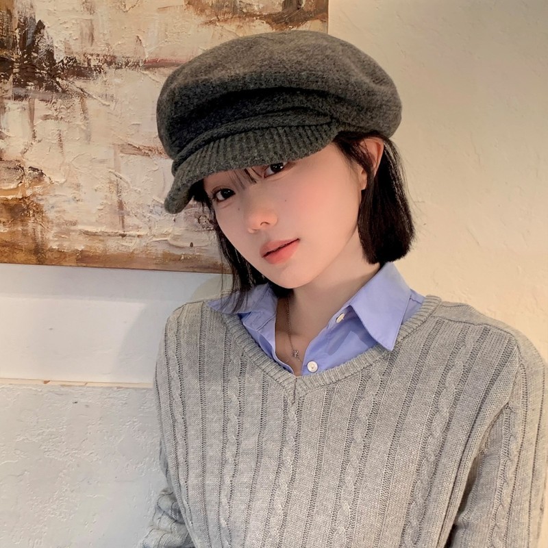 日系复古毛呢针织八角贝雷帽女大头围显脸小文艺百搭云朵画家帽子|undefined