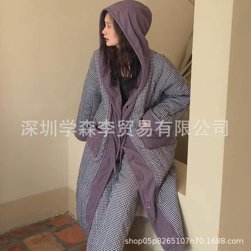 가을과 겨울에 코튼 패딩 재킷이 달린 민족 마셔 파자마 기모 두꺼운 따뜻한 격자 무늬 긴 잠옷 홈 옷 195 세트