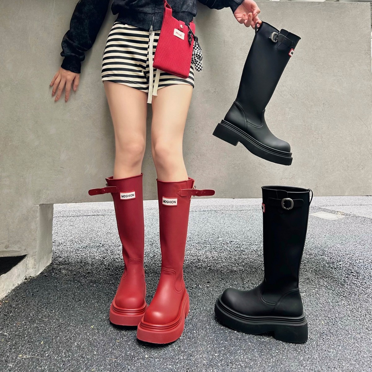 Red high boots made of soft leather platform for camping