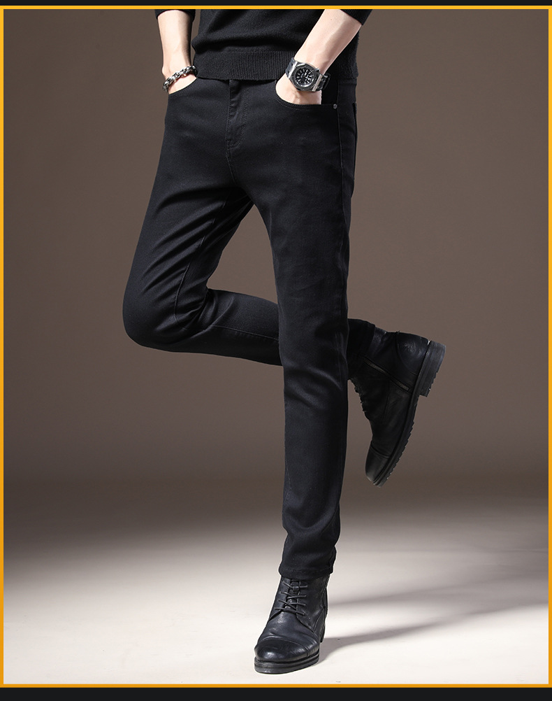 Autumn and winter men's casual jeans Korean version trendy stretch washed slim fit black straight tube with thick velvet_voghion.com