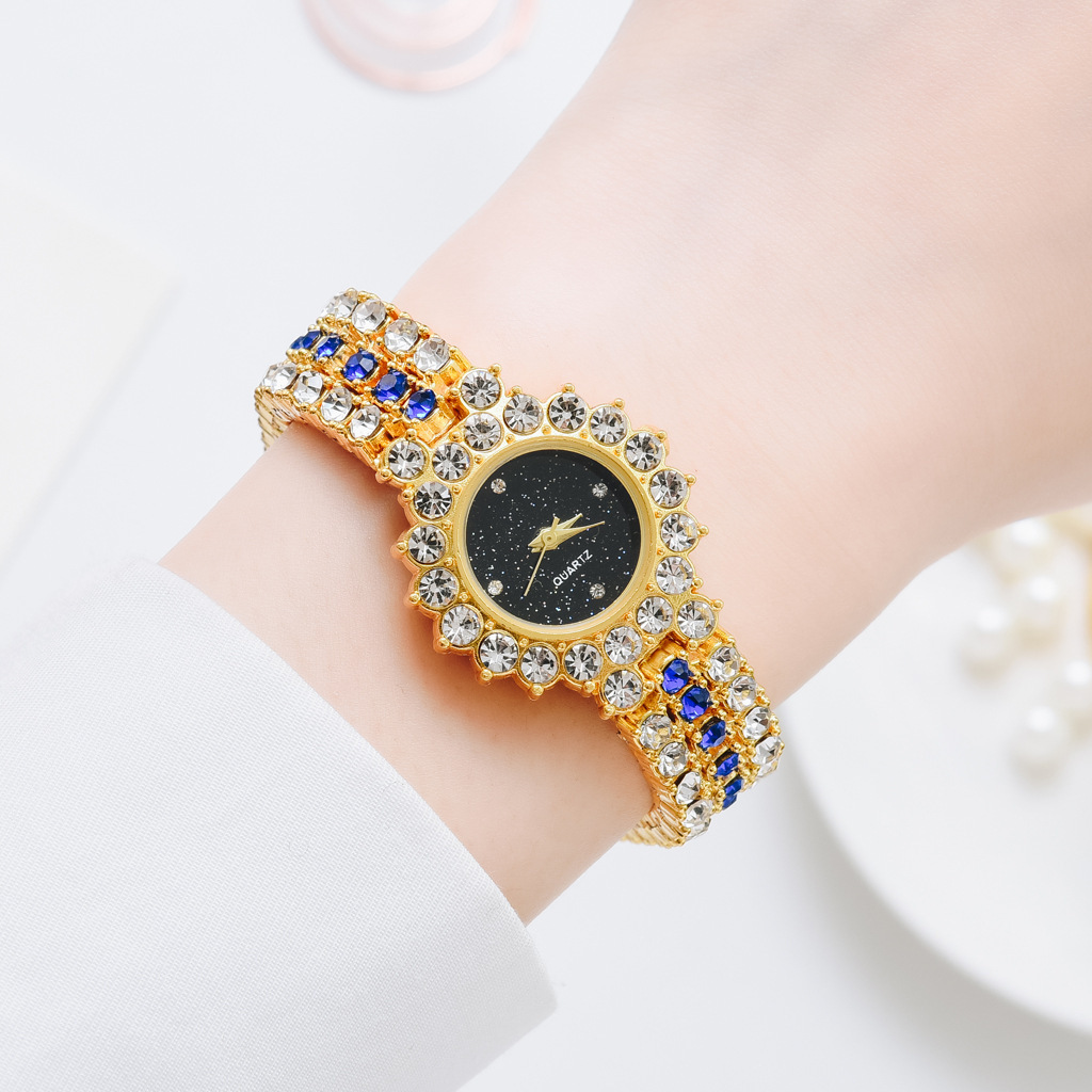 Montre classique à petit cadran avec ciel étoilé et diamants pour femme, ensemble de cinq pièces élégant et tendance de style coréen_voghion.com