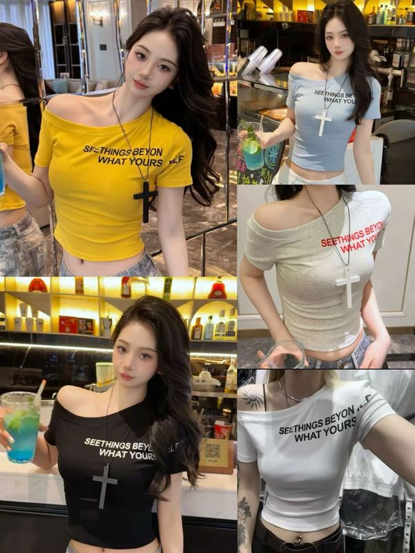 [綿92、スパンデックス8]夏新作スリムレタープリント半袖Tシャツデザインスリムフィットトップス女性用|undefined