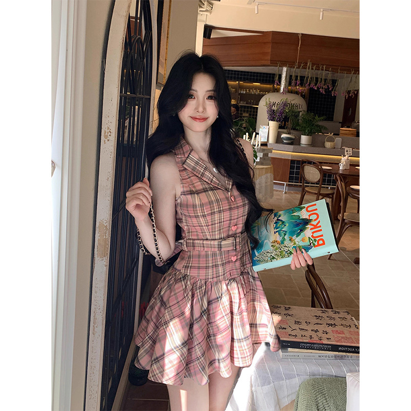 miu系格纹无袖西装领连衣裙女夏季2025新款小个子收腰显瘦短裙子|undefined