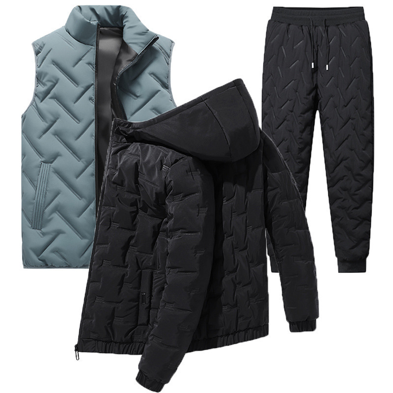 Comercio exterior transfronterizo hombre de algodón grueso abrigo de invierno nuevo conjunto de ropa de invierno de tres piezas chaqueta de algodón de plumón cálido conjunto