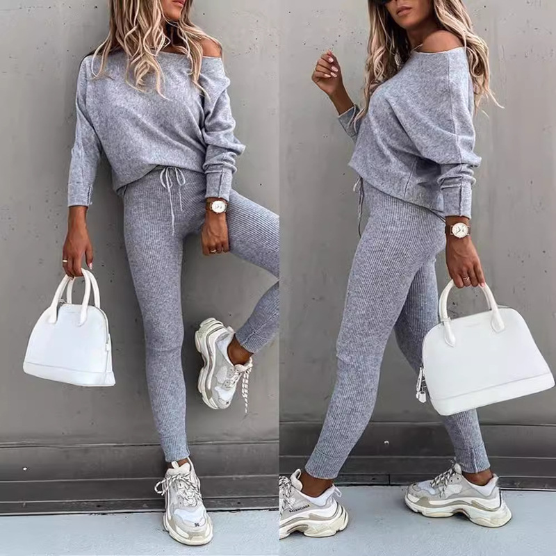 2024 European and American Export Hot Selling Pure Color Fashion Casual Lace-Up Slanted Shoulder Sports Trousers Long Suit for Women 2024 European and American Export Hot Selling Pure Color Fashion Casual Lace-Up Slanted Shoulder Sports Trousers Long Suit for Women