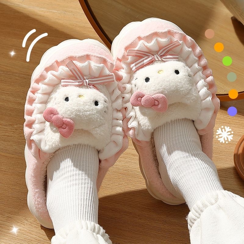 New Winter Plush Cotton Shoes Sanrio Hello Kitty Cute Cyber Celebrity Plush Cotton Slippers Warm Women's Home Slippers