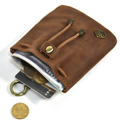 Cowhide Coin Bag Literary Mini Coin Purse Retro Short Leather Small Wallet Data Cable Storage Bag Dropshipping
