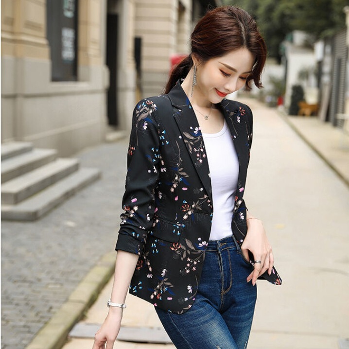 Printed Long-Sleeved Suit Jacket for Women 2025 Spring & Fall New Korean Style Elegant Slim One-Button Short Suit