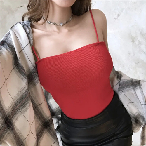 Solid color new Hong Kong style summer clothing new simple inner knitted vest female small sexy double strap elastic knitted sweater