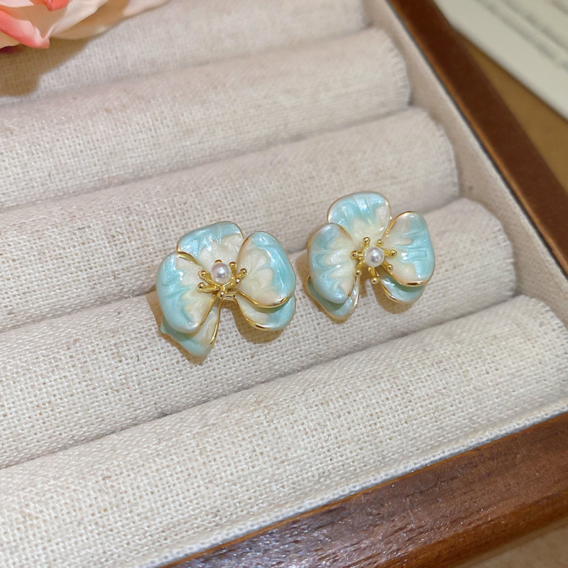 中古vintage珐琅花朵耳环复古宫廷风耳钉精致夸张耳饰设计感小众|undefined
