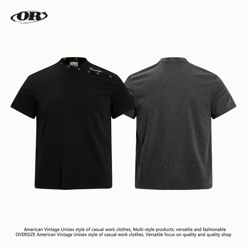 Oreeta Luxury Old Money Style Drop Shoulder Knit Short Sleeve T-Shirt with Metal Snap Design for Men and Women