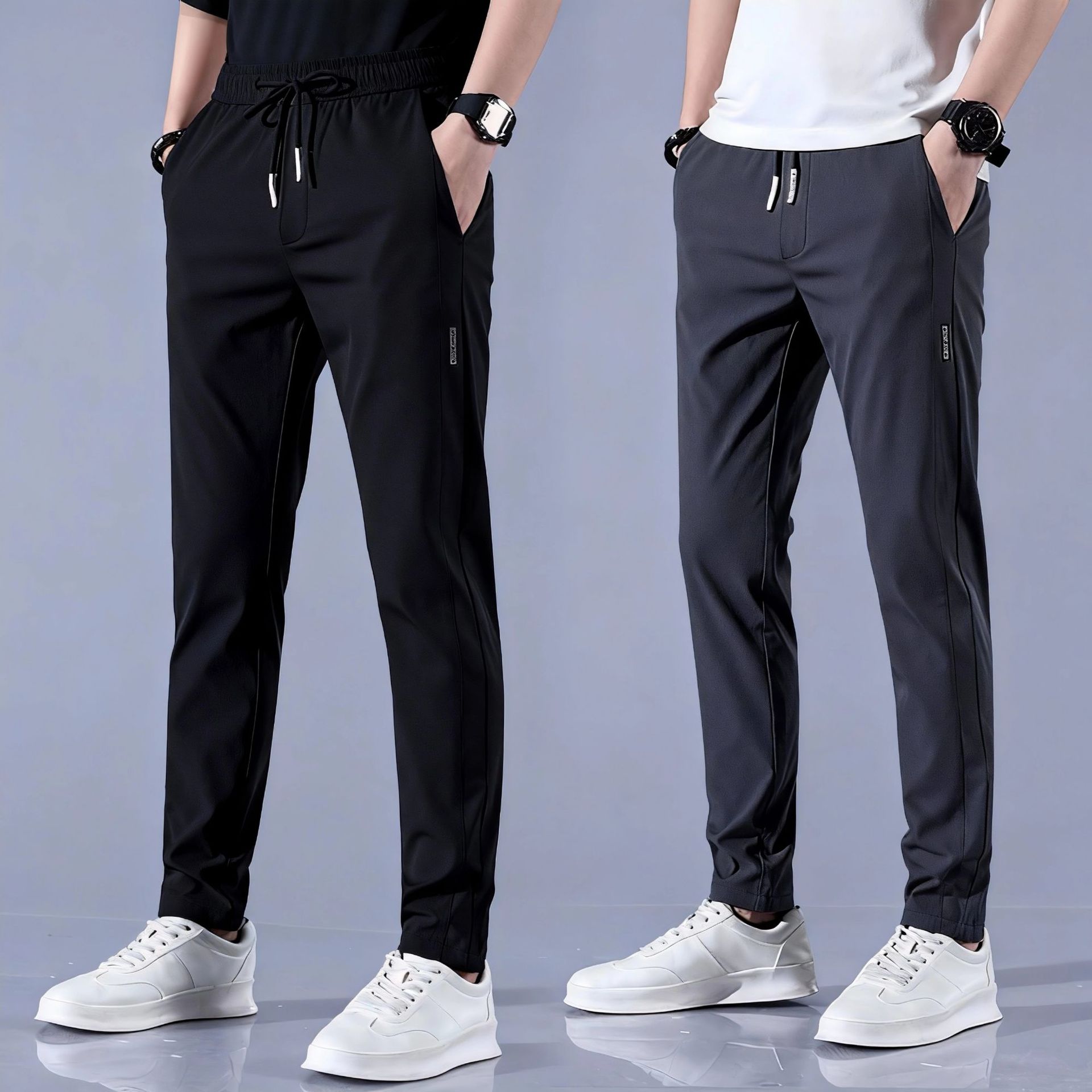 Ice Silk Pants for Men, Summer Thin Business Casual Pants, Stretchy and Breathable, Korean Style Straight-Leg, Cross-Border Hot-Selling Sports Trousers