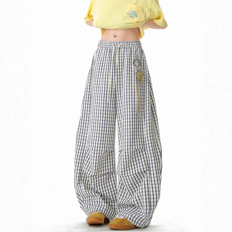 Star Pendant Plaid Scimitar Paratrooper Casual Pants for Men and Women Summer Hiphop Design Lightweight Breathable Couple Pants