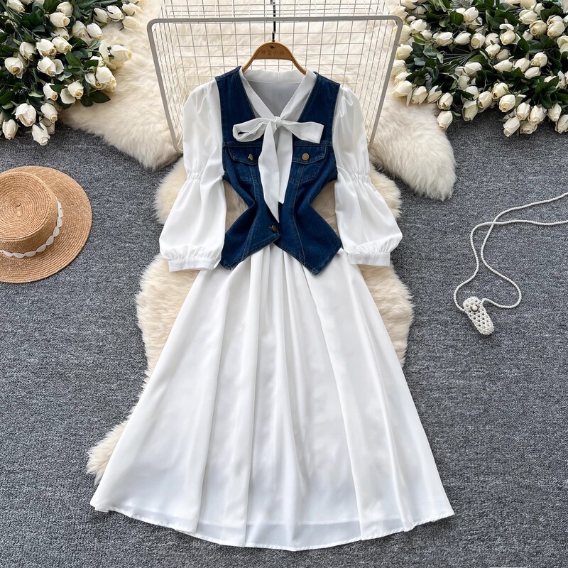 French Style Light Mature Bow Lace-up Lantern Sleeve Shirt dress Fashionable Outer Denim Vest Two-piece Set